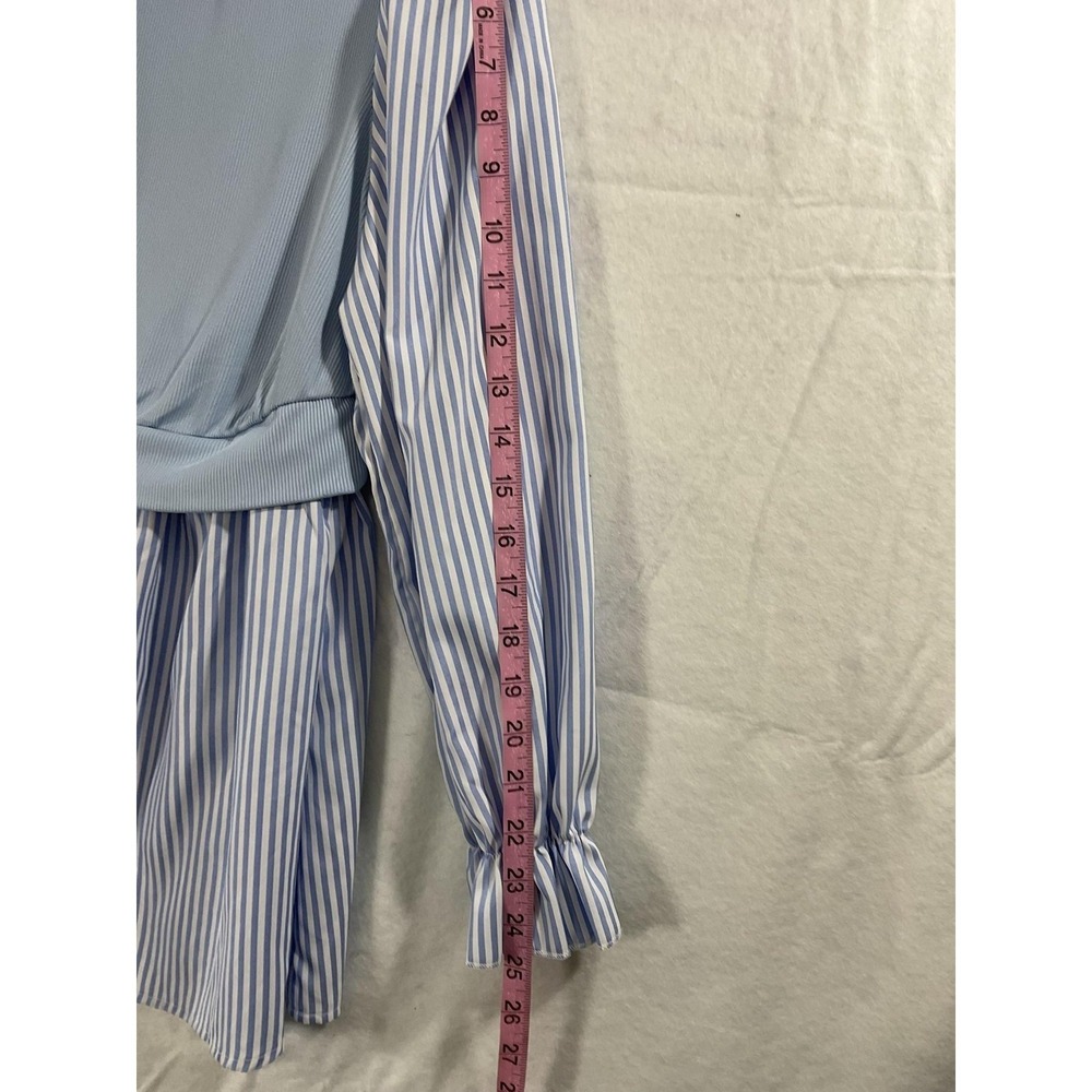 Shein Blouse Womens 1XL Blue Striped Collared Puff Sleeve Tunic Top Plus Size - Picture 4 of 9